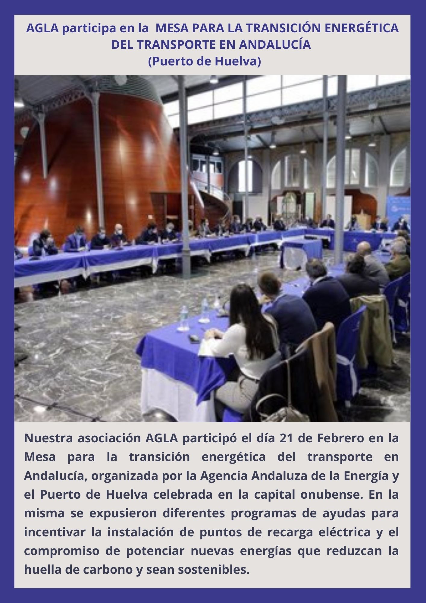 Texto AGLA participa en la MESA PARA LA TRANSICIÓN ENERGÉTICA DEL TRANSPORTE EN ANDALUCÍA PUERTO DE HUELVA 